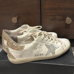 Golden Goose Women's Cream and Gold Sneakers size 38- very gently used with bag